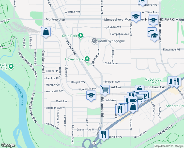 map of restaurants, bars, coffee shops, grocery stores, and more near 1851 Quirnia Street in Saint Paul