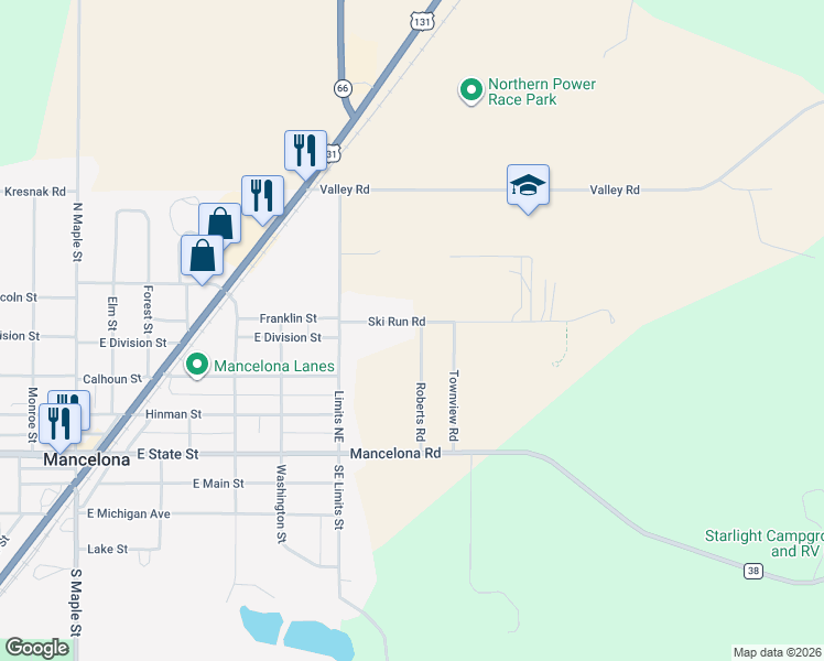 map of restaurants, bars, coffee shops, grocery stores, and more near 2102 Ski Run Road in Mancelona