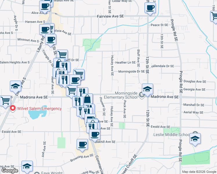 map of restaurants, bars, coffee shops, grocery stores, and more near 3486 Hulsey Avenue Southeast in Salem