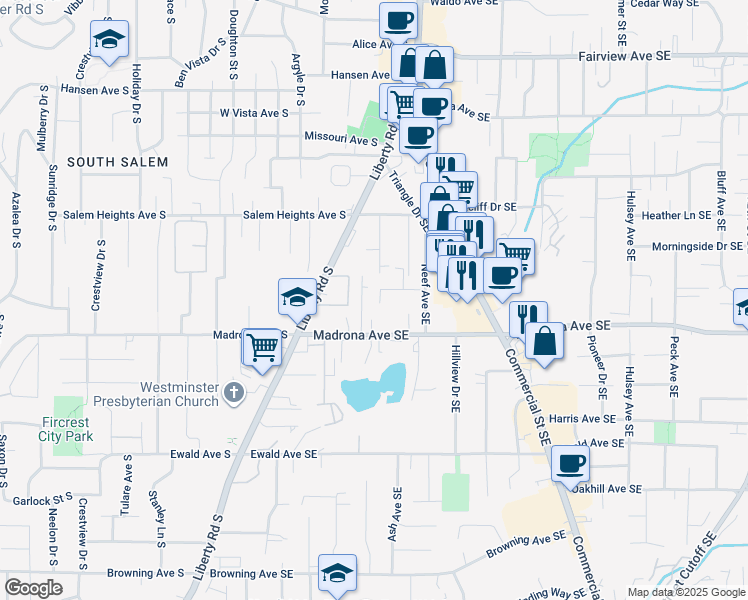 map of restaurants, bars, coffee shops, grocery stores, and more near 397 Madrona Avenue Southeast in Salem