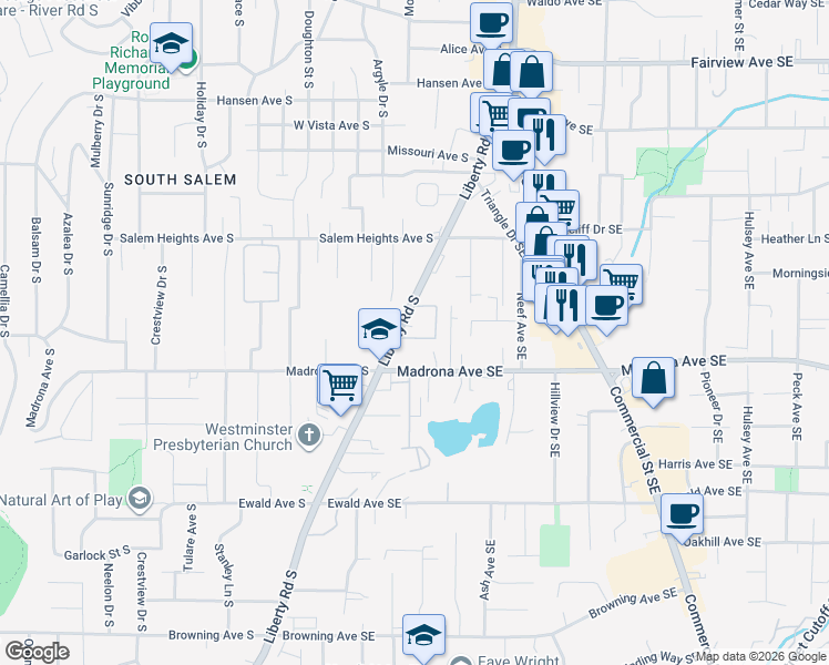 map of restaurants, bars, coffee shops, grocery stores, and more near 3480 Liberty Road South in Salem