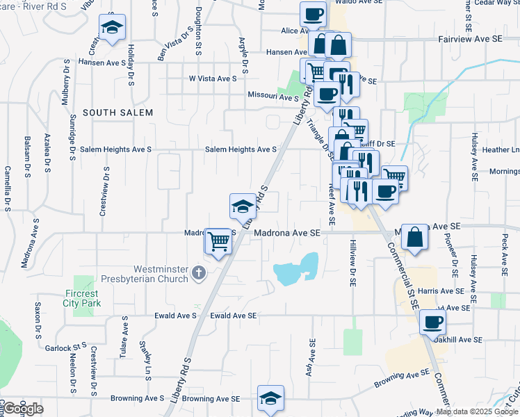 map of restaurants, bars, coffee shops, grocery stores, and more near 3480 Liberty Road South in Salem