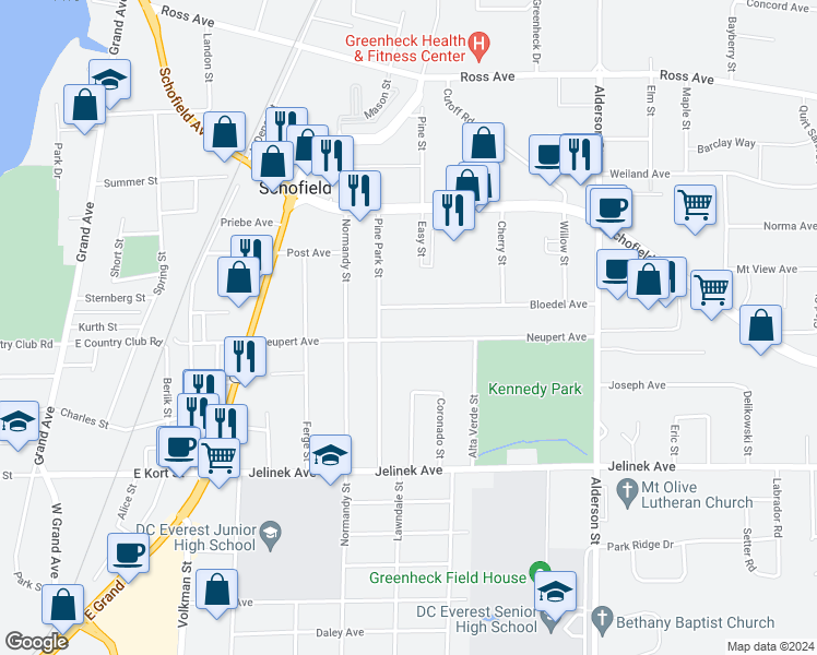 map of restaurants, bars, coffee shops, grocery stores, and more near 1904 Neupert Avenue in Schofield
