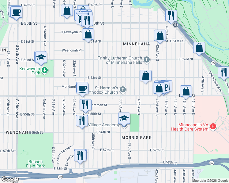 map of restaurants, bars, coffee shops, grocery stores, and more near 5356 37th Avenue South in Minneapolis