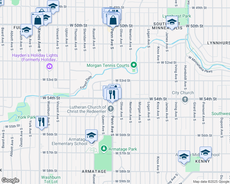 map of restaurants, bars, coffee shops, grocery stores, and more near 5346 Penn Avenue South in Minneapolis