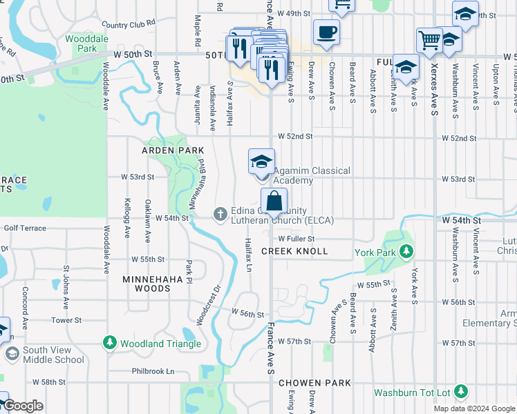 map of restaurants, bars, coffee shops, grocery stores, and more near 908 West 54th Street in Edina