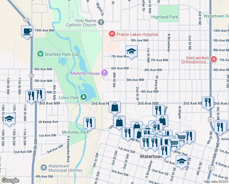 map of restaurants, bars, coffee shops, grocery stores, and more near 399 4th St NW in Watertown