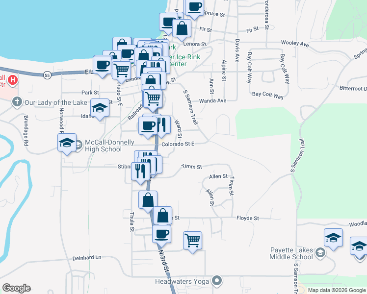 map of restaurants, bars, coffee shops, grocery stores, and more near 412 Colorado Street in McCall