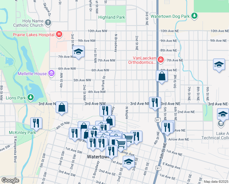 map of restaurants, bars, coffee shops, grocery stores, and more near 399 N Broadway in Watertown