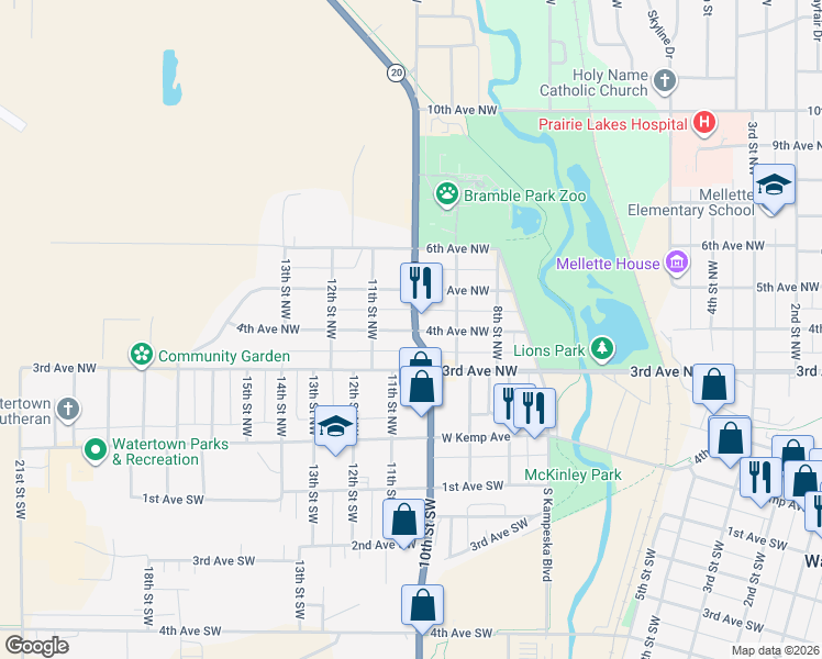 map of restaurants, bars, coffee shops, grocery stores, and more near 14th St NW in Watertown