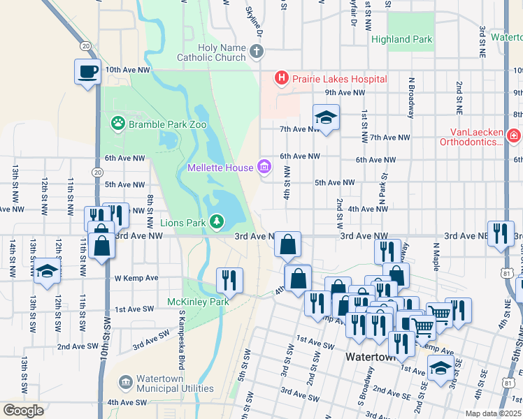 map of restaurants, bars, coffee shops, grocery stores, and more near 498 4th Avenue Northwest in Watertown