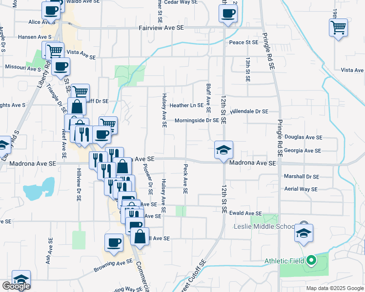 map of restaurants, bars, coffee shops, grocery stores, and more near 3467 Peck Avenue Southeast in Salem