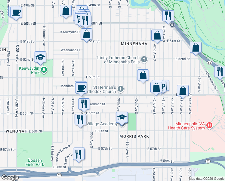 map of restaurants, bars, coffee shops, grocery stores, and more near 5356 37th Avenue South in Minneapolis