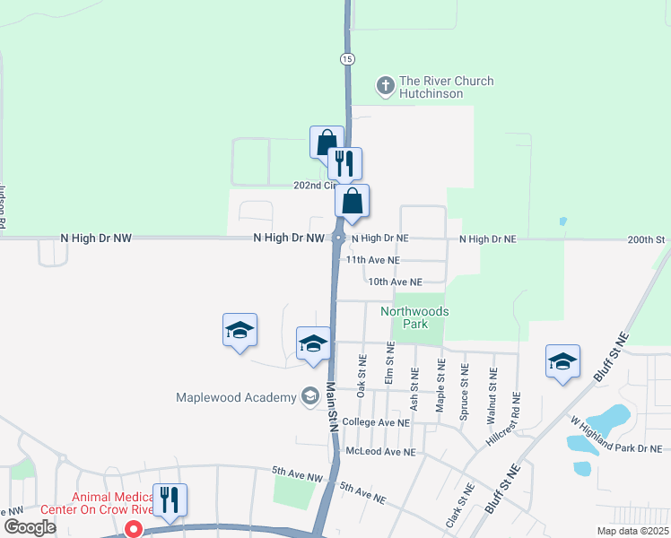 map of restaurants, bars, coffee shops, grocery stores, and more near 1060 Minnesota 15 in Hutchinson