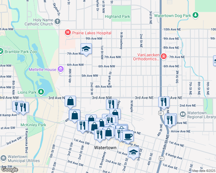 map of restaurants, bars, coffee shops, grocery stores, and more near 57 4th Avenue Northwest in Watertown