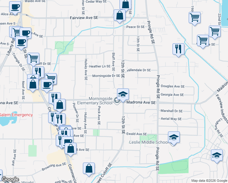 map of restaurants, bars, coffee shops, grocery stores, and more near 3453 12th Street Southeast in Salem