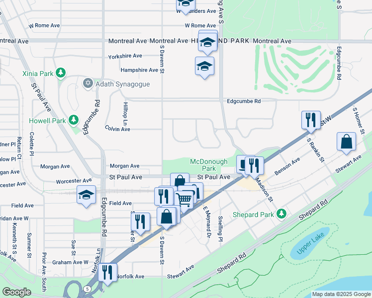 map of restaurants, bars, coffee shops, grocery stores, and more near 2130 Lower Saint Dennis Road in Saint Paul