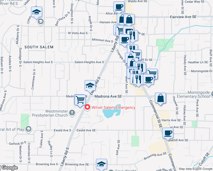 map of restaurants, bars, coffee shops, grocery stores, and more near 3423 3rd Avenue Southeast in Salem