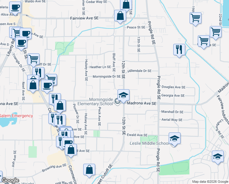 map of restaurants, bars, coffee shops, grocery stores, and more near 3453 12th Street Southeast in Salem