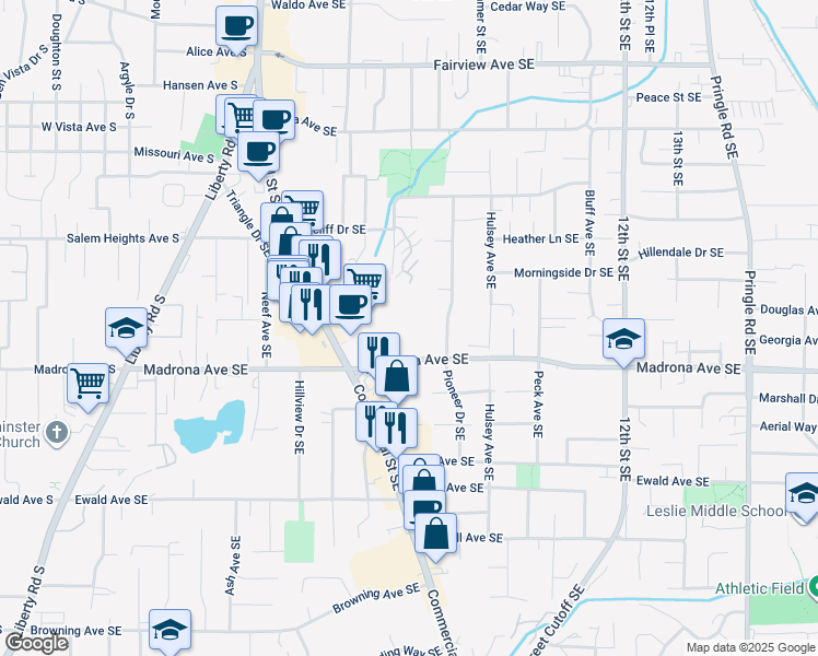 map of restaurants, bars, coffee shops, grocery stores, and more near 707 Madrona Avenue Southeast in Salem