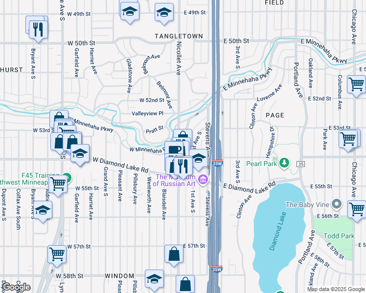 map of restaurants, bars, coffee shops, grocery stores, and more near 5353 Nicollet Avenue in Minneapolis