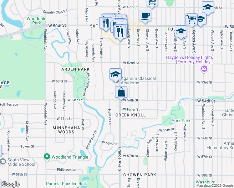 map of restaurants, bars, coffee shops, grocery stores, and more near 908 West 54th Street in Edina