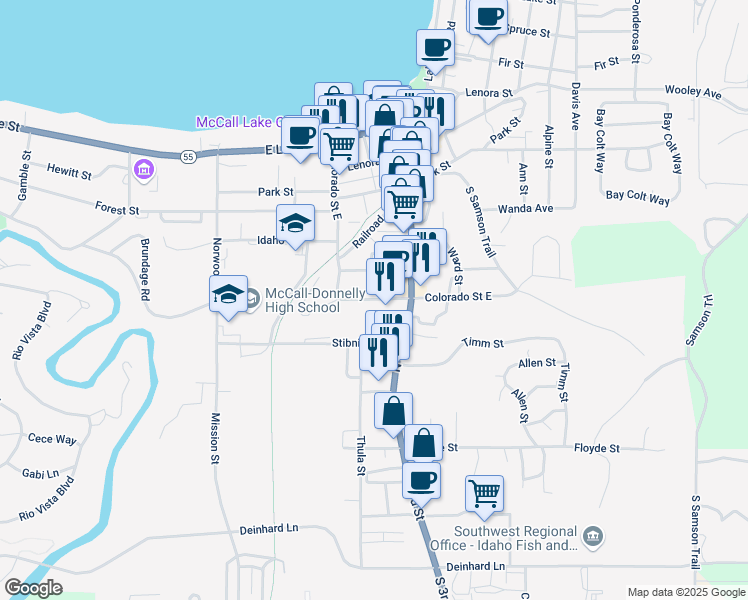 map of restaurants, bars, coffee shops, grocery stores, and more near 210 Colorado Street in McCall