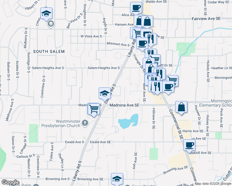 map of restaurants, bars, coffee shops, grocery stores, and more near 3480 Liberty Road South in Salem
