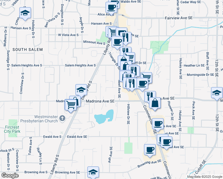 map of restaurants, bars, coffee shops, grocery stores, and more near 360 Bradley Drive Southeast in Salem
