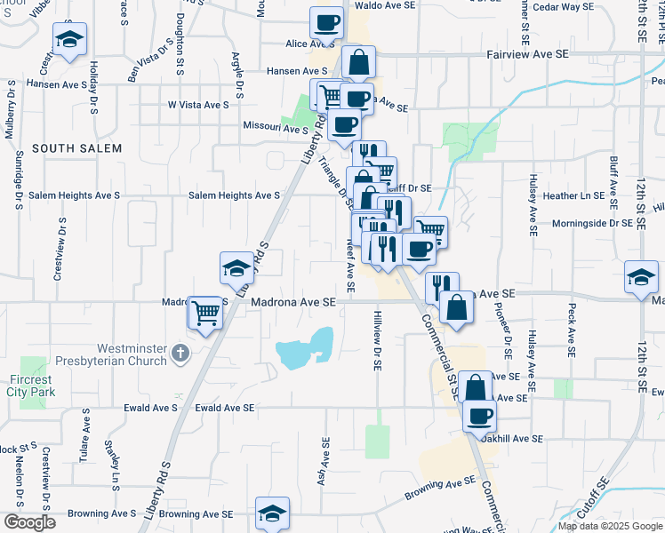 map of restaurants, bars, coffee shops, grocery stores, and more near 420 Bradley Drive Southeast in Salem