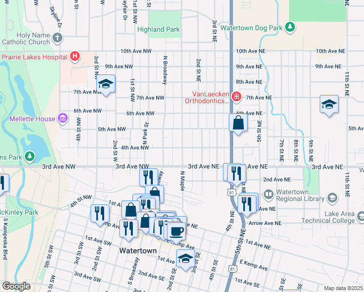map of restaurants, bars, coffee shops, grocery stores, and more near 409 North Maple in Watertown