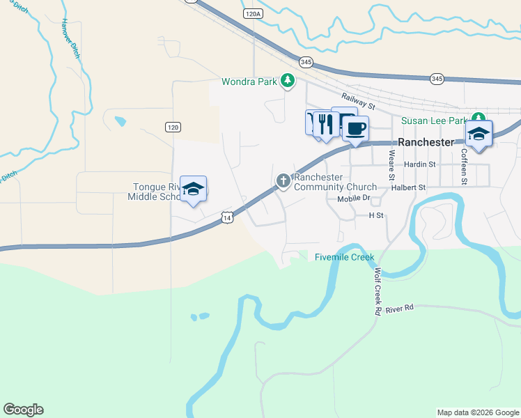 map of restaurants, bars, coffee shops, grocery stores, and more near 1079 Big Horn Drive in Ranchester