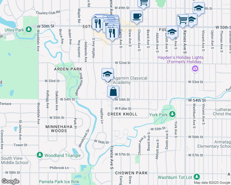 map of restaurants, bars, coffee shops, grocery stores, and more near 5353 France Avenue South in Minneapolis
