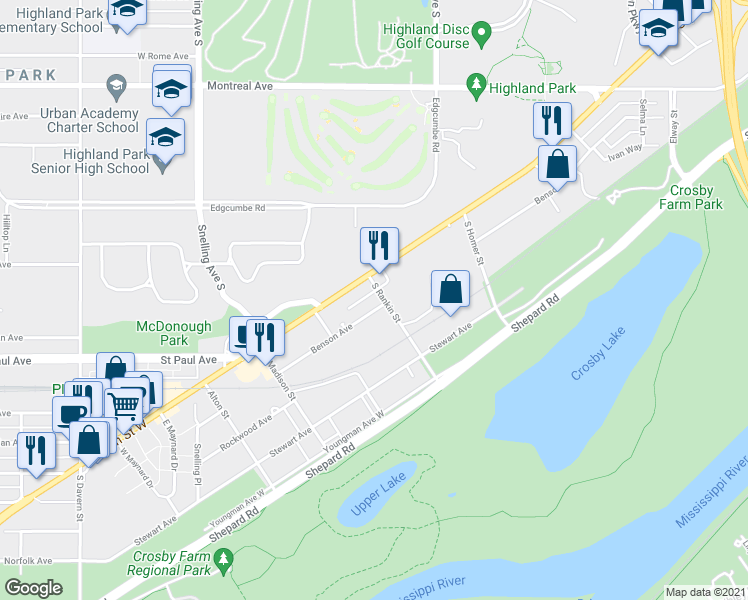 map of restaurants, bars, coffee shops, grocery stores, and more near 1133 South Rankin Street in Saint Paul