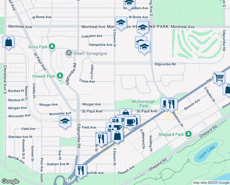 map of restaurants, bars, coffee shops, grocery stores, and more near 1203 South Davern Street in Saint Paul