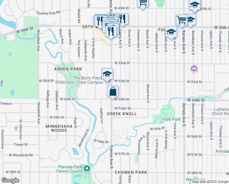 map of restaurants, bars, coffee shops, grocery stores, and more near 5353 France Avenue South in Minneapolis