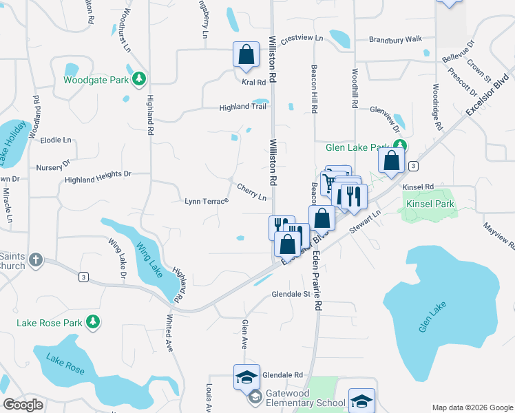 map of restaurants, bars, coffee shops, grocery stores, and more near 5406 Williston Road in Minnetonka