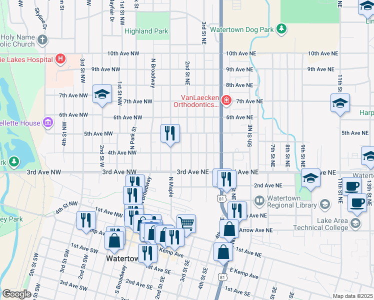 map of restaurants, bars, coffee shops, grocery stores, and more near 100-198 4th Avenue Northeast in Watertown