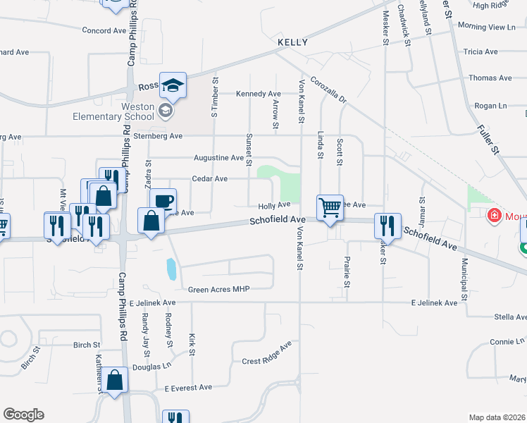 map of restaurants, bars, coffee shops, grocery stores, and more near 4605 Holly Avenue in Schofield