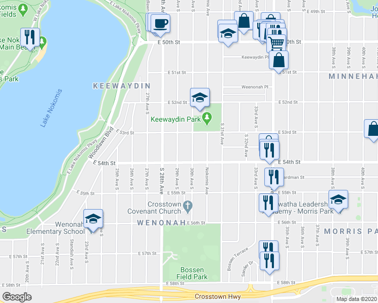 map of restaurants, bars, coffee shops, grocery stores, and more near 5336 30th Avenue South in Minneapolis