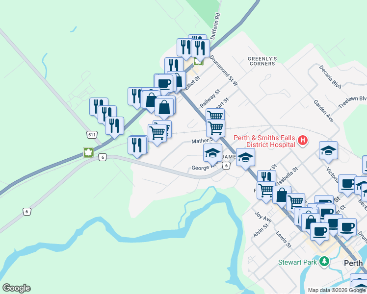map of restaurants, bars, coffee shops, grocery stores, and more near 28 McLean Boulevard in Perth
