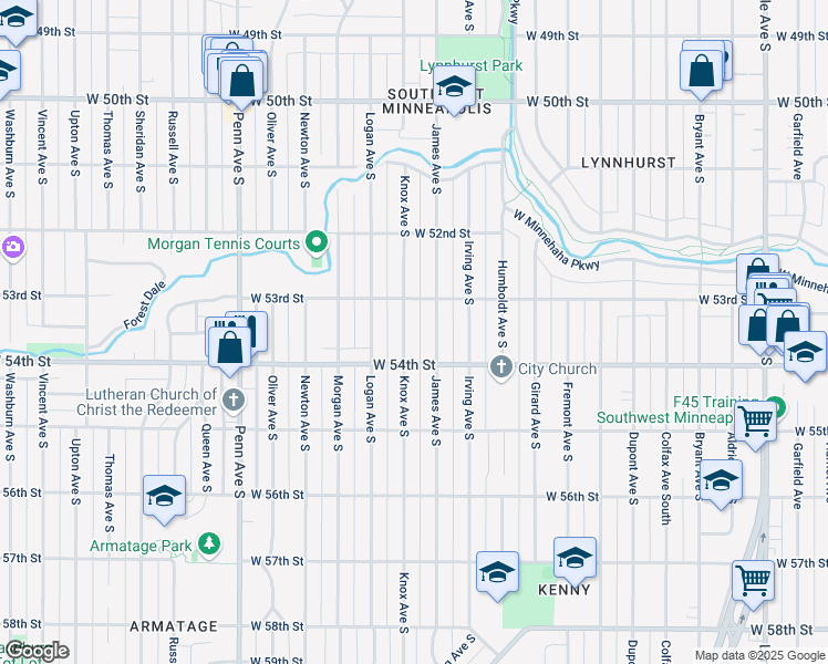 map of restaurants, bars, coffee shops, grocery stores, and more near 5348 James Avenue South in Minneapolis