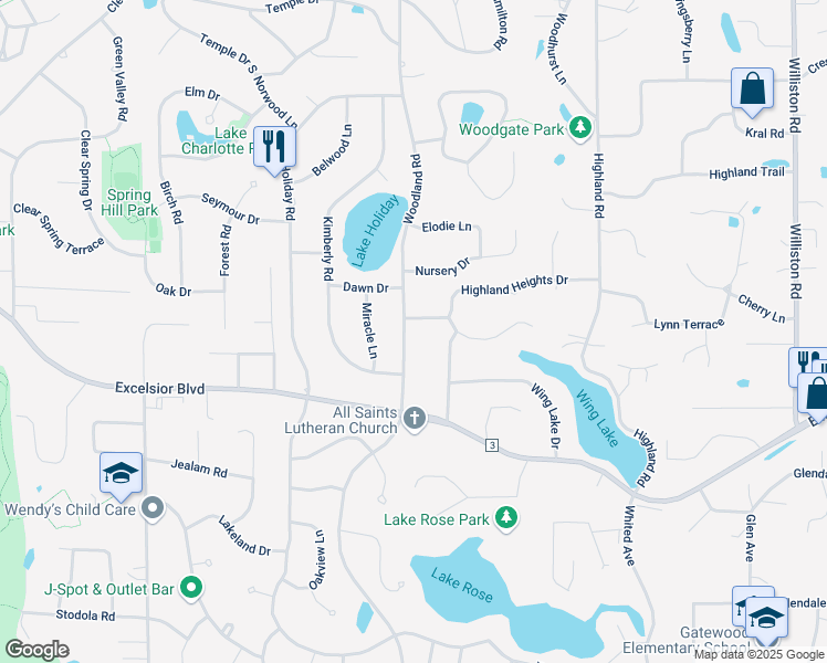 map of restaurants, bars, coffee shops, grocery stores, and more near 5409 Woodland Road in Minnetonka