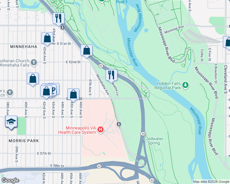 map of restaurants, bars, coffee shops, grocery stores, and more near 5000 East 54th Street in Minneapolis