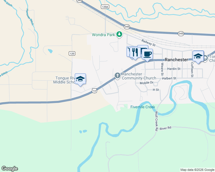 map of restaurants, bars, coffee shops, grocery stores, and more near 1079 Big Horn Drive in Ranchester