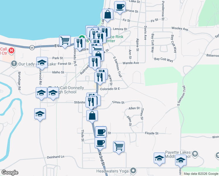 map of restaurants, bars, coffee shops, grocery stores, and more near 412 Colorado Street in McCall