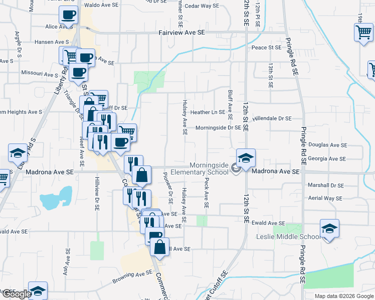map of restaurants, bars, coffee shops, grocery stores, and more near 3456 Hulsey Avenue Southeast in Salem