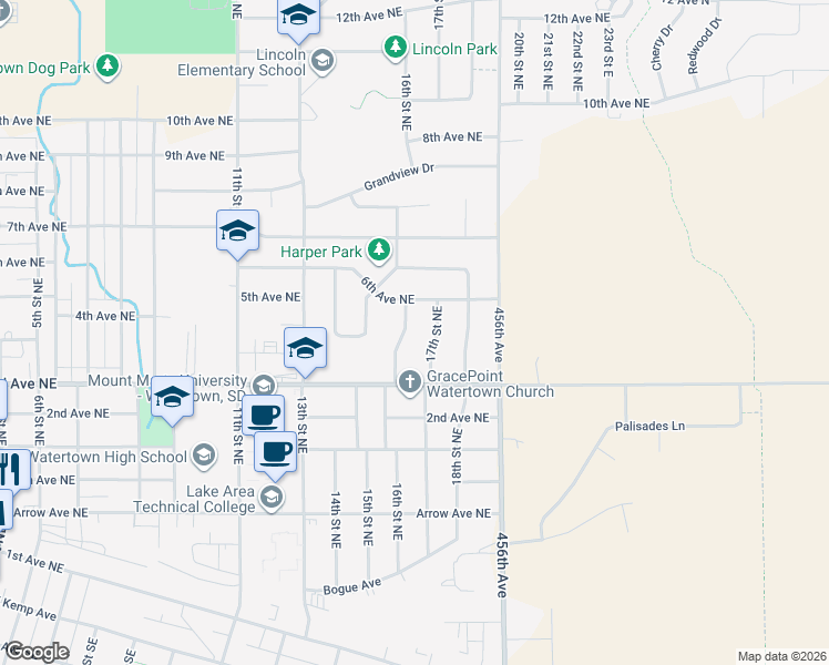 map of restaurants, bars, coffee shops, grocery stores, and more near 312-404 16th Street Northeast in Watertown
