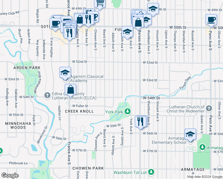 map of restaurants, bars, coffee shops, grocery stores, and more near 5332 Abbott Avenue South in Minneapolis