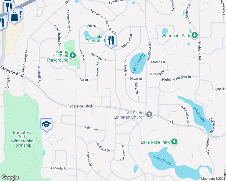 map of restaurants, bars, coffee shops, grocery stores, and more near 5400 Holiday Road in Minnetonka